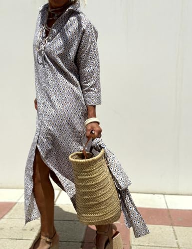 Image of Hooever Shirt Dresses for Women Casual Long Sleeve Button Down Loose Striped Cotton Maxi Shirt Dress
