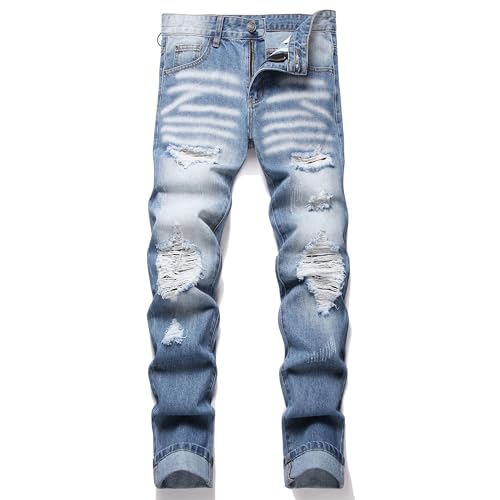 OIIIO Men's Ripped Slim Fit Straight Leg Jean Denim Pant (40, 30027 Blue)