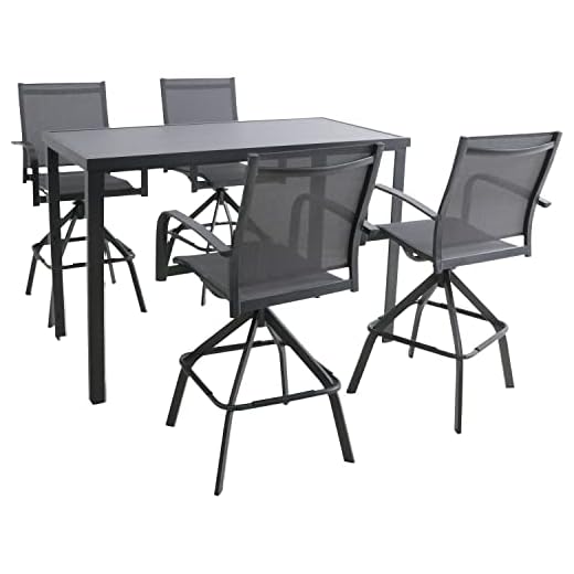 Hanover, Gray Naples High Patio Swivel Bar Height Sling Chairs and Sleek Glass Top Table, Tall Dining 4, Weather & Rust Resistant Outdoor Furniture for Backyard, Deck, 5-Piece Set