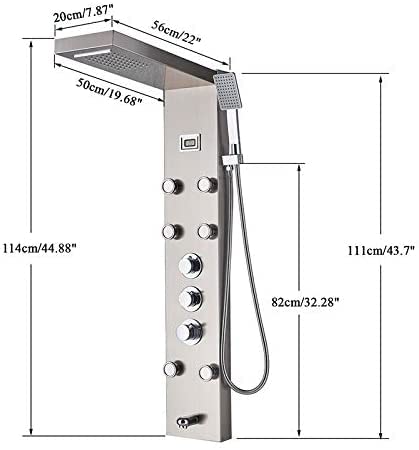 Panel de ducha con termostato de acero inoxidable con indicador de temperatura y 6 chorros de masaje (níquel)