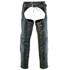 Dream Apparel Mens Distressed Brown Leather Motorcycle Riding Chaps with Zip Out Liner, Cowboy Biker Chaps Pants W/ 4 Pockets