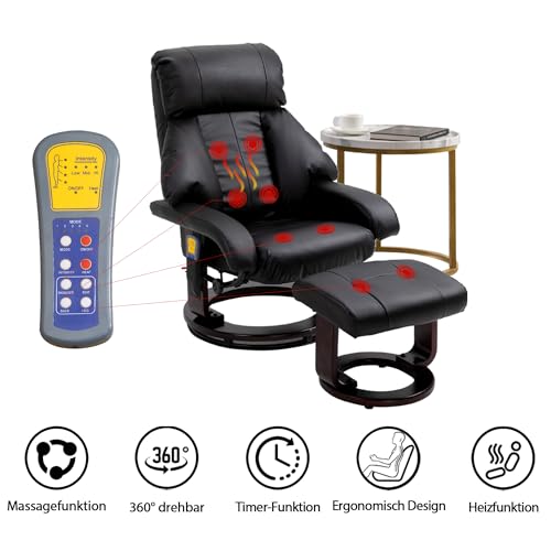 Mingone Massagesessel mit Hocker Fernsehsessel mit Heizfunktion Verstellbar TV Sessel 360° Drehbar Polstersessel Elektrisch Relaxliege mit 8 Massagepunkte Wohn- und Schlafzimmer Kino, Schwarz – Bild 6