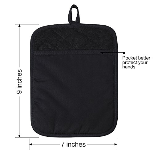 100% Cotton With Silicone Kitchen Everyday Basic Pot Holder Heat Resistant Coaster Potholder Oven Mitts With Pocket For Cooking And Baking Set Of 2 Black #TOP4