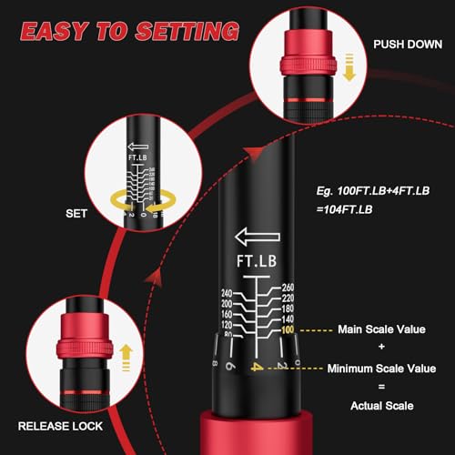 Image of VANPO 1 /2-Inch Drive Click Torque Wrench, 20-260 Ft-Lb, for Car & Truck | 27.1-352.3 Nm, 22.04 inch, Dual Direction, 72 Tooth, Adjustment Torque Wrenches with 1 /2 inch to 3 /8 inch Adapter & 125mm Extension Bar