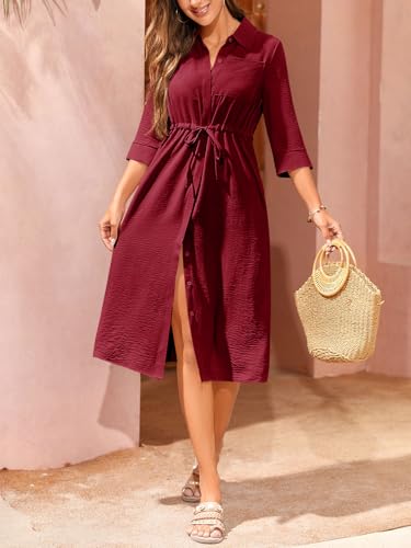 Image of Febriajuce Women's 3 /4 Sleeve Midi Dress Casual Drawstring Belted Round Neck Plain Tie Waist Loose High Waist Long Dress