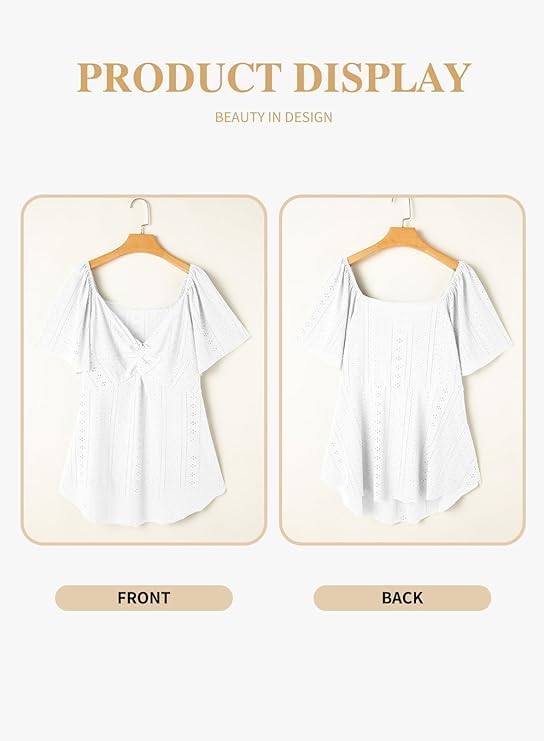 Eytino Womens Plus Size Tops Twist Front V Neck Short Sleeve Eyelet Embroidery Summer Loose Blouse Shirts(1X-5X) - Image 3