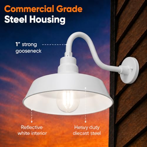 Image of 14in. White Outdoor Gooseneck Barn Light Fixture With 10in. Long Extension Arm - Wall Sconce Farmhouse, Antique Style - UL Listed - 9W 900lm A19 LED Bulb (5000K Cool White) - 2-Pack