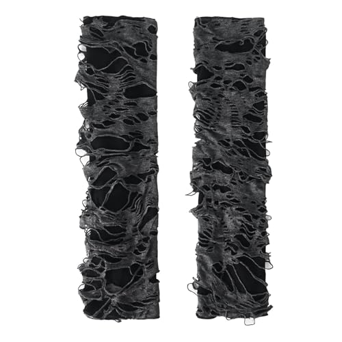 Punk Ripped Fingerless Long Gloves Gothic Black Gray Knitted Halloween Party Carnival Clothes Accessories 1 Pair