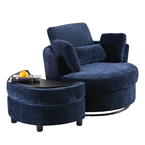 Oversized Swivel Accent Round Barrel Chair With Storage Ottoman+4Pillows, Modern Comfy Upholstered 360 Swivel Recliner Sofa Chair Chaise Leisure Lounge Chair For Living Room Bedroom (Navy Chenille) #TOP4
