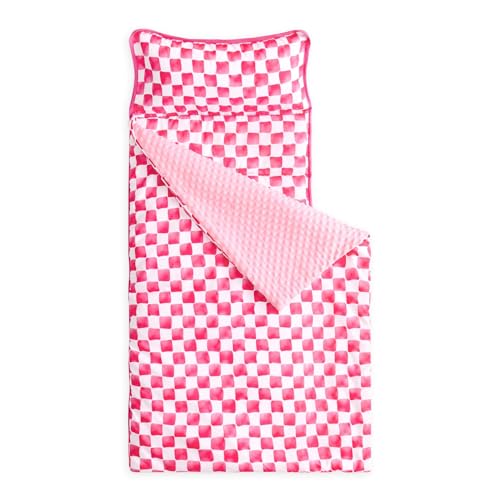 Image of Wake In Cloud - Toddler Nap Mat with Pillow and Minky Fleece Blanket, for Kids Boys Girls Ages 3 Plus in Daycare Preschool, Roll Up Sleeping Bag, Gingham Grid Checkered, Hot Pink White, Standard