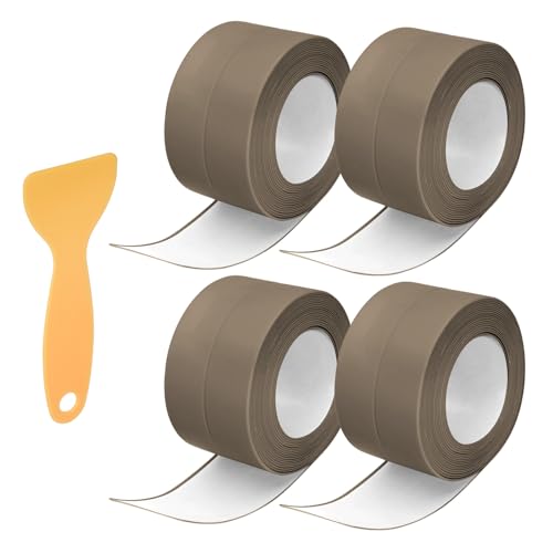 Image of uxcell 4 Rolls Caulk Tape, Caulking Strip Tape, 1.5 inch x 10.5Ft PVC Waterproof Self-Adhesive Sealing Tape for Kitchen Bathroom Toilet Sink Floor Corner Edge with Sealing Tool, Brown