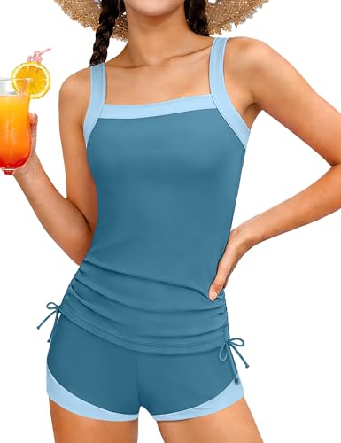Image of Girls Swimsuit Two Piece Bathing Suit Ruffle Trim Swimsuits for Girls Tankini with Drawstring Shorts Swimwear 9-18Y