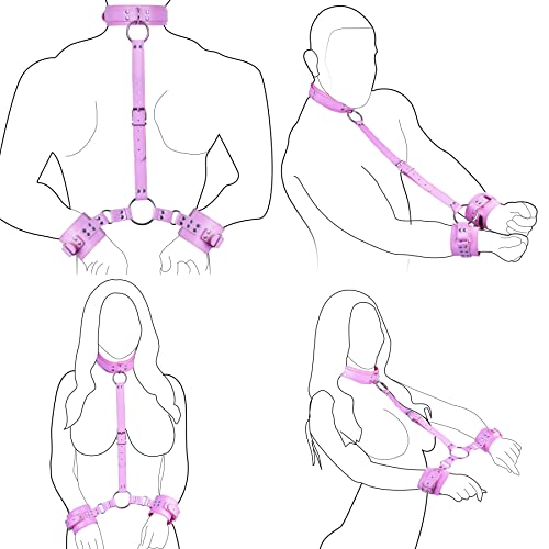 Image of Neck to Wrist Restraints kit - SEXY SLAVE, Adult Sex Toys Frisky Beginner Behind Back Handcuffs Collar, Adjustable Bondage Set, Couple SM Sex Game Tool(Pink)