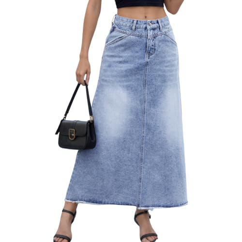 Akivide Womens Trendy Denim High Waist A Line Frayed Hem Maxi Skirt Casual Loose Stretchy Slim Fit Long Skirts with Pockets