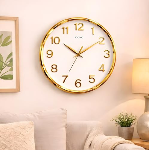 Image of Amazon Brand - Solimo 12 Inches Silent Wall Clock for Living Room Bedroom Office Plastic Easy to Read 3D Numbers Modern Stylish Sweep Movement Wall Clock for Home 1603DX (Golden)