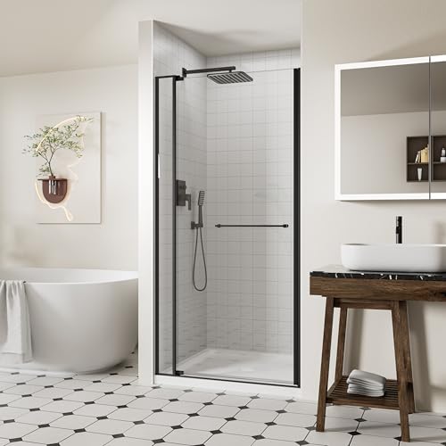 ACE DECOR 32-36" x 72" Frameless Pivot Glass Shower Door, Matte Black