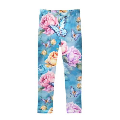 Kids High Waist Blue Butterfly Pink Flower Leggings for Toddler Girls 4T 202b2585