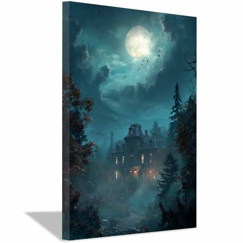 Maison hantée toile decoration murale encadrée Halloween lune géante