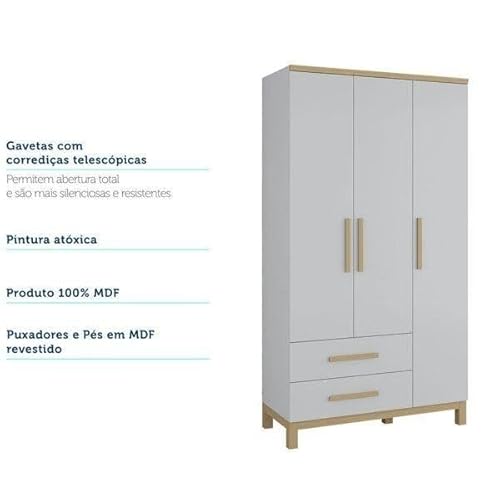 Guarda Roupa Infantil 113,7cm 3 Portas Lisas 2 Gavetas Louis Móveis Peroba Cinza/cedro