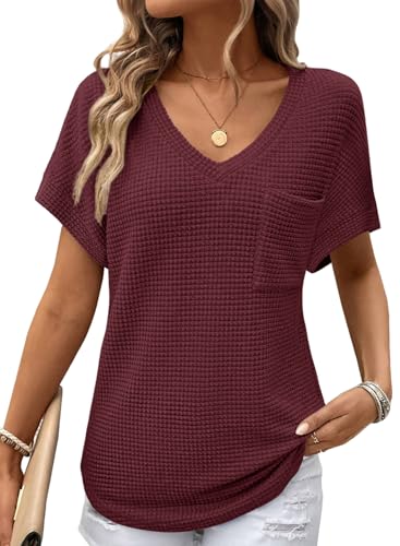 Dokotoo Summer Tops for Women Business Casual Plus Size Short Sleeve V Neck Solid Tops Blouse 2025 Fashion Trendy Cute Ladies Cruise Outfits Clothes Clothing Burgundy Medium