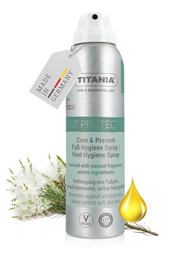 TITANIA® Spray para pies 150 ml – Protección preventiva contra el pie de atleta, refresca y cuida, absorbe la humedad – Vegano, fórmula libre de microplásticos, con aceites esenciales