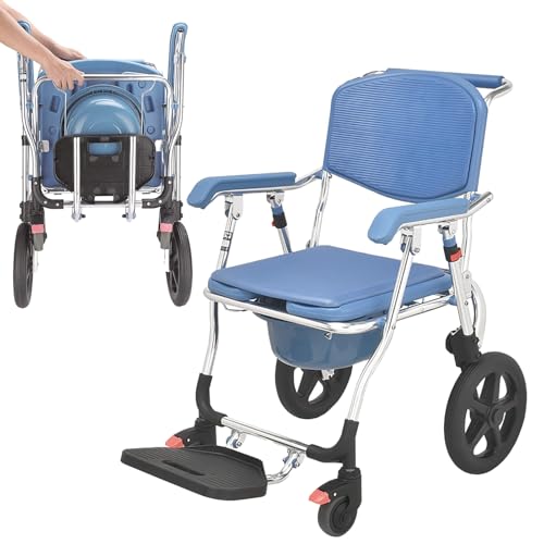 GHCCDAM 4-in-1 Rolling Shower Chair with Wheels,Bathroom Wheelchair Bedside Commode Chair Bedpan Toilet Chair Bath Seat for Elderly Adults Seniors, Commode Chair for Toilet with Arms Foldable