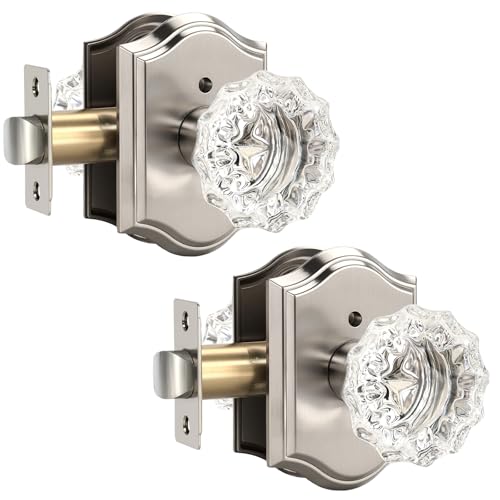 KNOBWELL Glass Door Knobs Interior, Vintage Privacy Crystal Door Knobs for Bedroom &Bathroom, Satin Nickel Door Locksets, Push Pin Button Inside Lock, 2 Pack