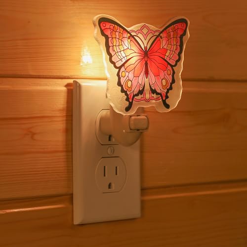 Image of Pink Butterfly Night Light Plug into Wall - Made with Real Glass, Stained Glass Styled Nightlight for Hallway, Nursery, Bedroom, Bathroom, Kitchen, Stairway - Nature Inspired Accent Home Decor