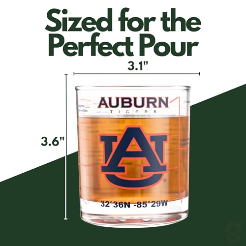 Image of Greenline Goods Auburn University Tigers Whiskey Glasses Set of 2, 10 oz Rocks Glasses with Full-Color Logo & Campus Map - Officially Licensed Bourbon Glass Gift for Alumni & Fans