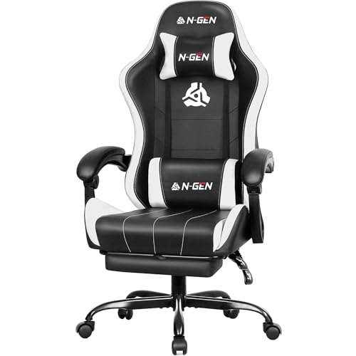 NEO CHAIR Video Gaming Chair with Footrest High Back Ergonomic Comfortable Office Computer Desk with Lumbar Support Height Adjustable with PU Leather Recliner for Adults Women Men (White)