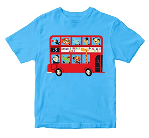 Image of Boys & Girls Cute Animals on The Red Double Decker London Bus Transport Theme 100% Cotton Unisex Kids T-Shirt