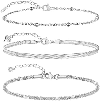 QJLE Ankle Bracelets for Women Layered Beaded Snake Chain Link Silver Anklets for Women Waterproof Cute Anklet Set 3pcs