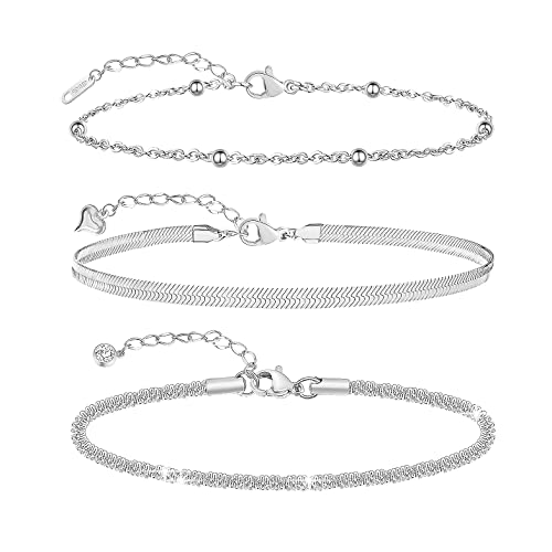 Qjle Ankle Bracelets For Women Layered Beaded Snake Chain Link Silver Anklets For Women Waterproof Cute Anklet Set 3Pcs #TOP10