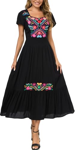 Image of Women's Summer Maxi Dress Casual Floral Embroidered Round Neck Short Sleeve Ruffle Tiered Dress Flowy Boho Beach Sundress