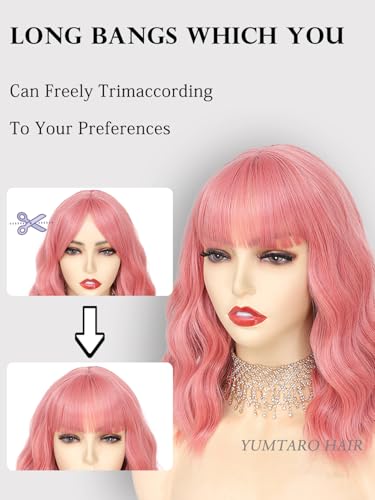 Image of Pastel Pink Wavy Bob Wig for Women, Short Shoulder Length Synthetic Wig with Bangs, Natural Looking Lightweight Hairpiece for Gift & Cosplay Costume Party
