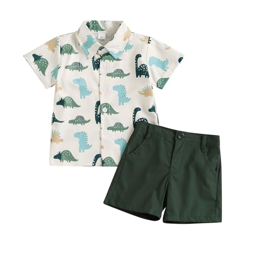 Toddler Boys Dress Clothes Kids Animal Print Button Down Shirt Solid Color Shorts Boys Summer Gentleman Suit Outfit (Dinosaur Green 2, 18-24 Months)