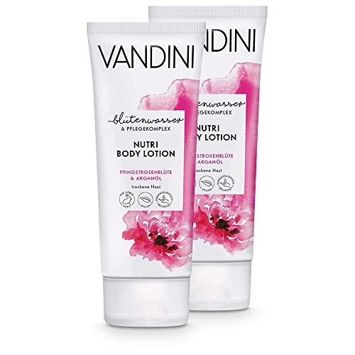 VANDINI Nutri Body Lotion Damen mit Pfingstrosenblüte & Arganöl - Body Lotion für trockene Haut - vegane Body Lotion für Frauen ohne Silikone, Parabene & Mineralöl im 2er Pack (2x 200 ml)