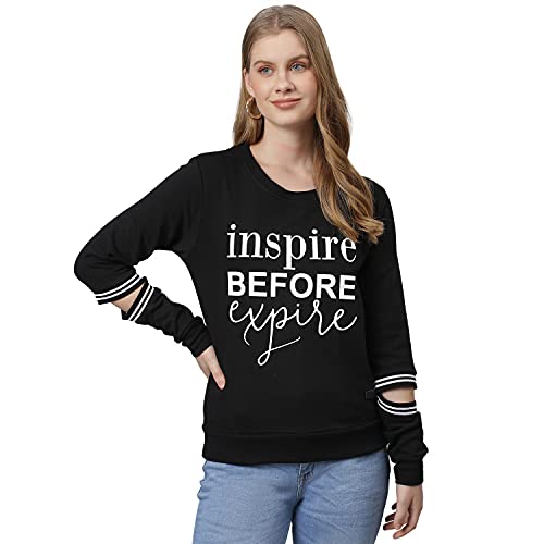 Campus Sutra Women's Cotton Crew Neck Sweatshirt (CB22_CSW-AW-SS0157_Black_L)