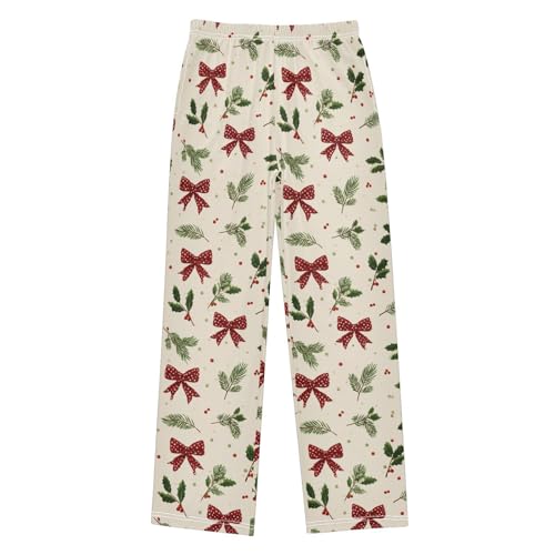 Pajama Bottoms, Christmas Bows Holly Leaves Pajamas Pant Sleep Long Pants Lounge Wear Sleepwear Soft Pjs