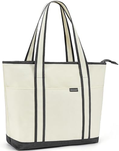 BAGSMART Canvas Tote Bag With Compartments and Zipper, Shoulder H...