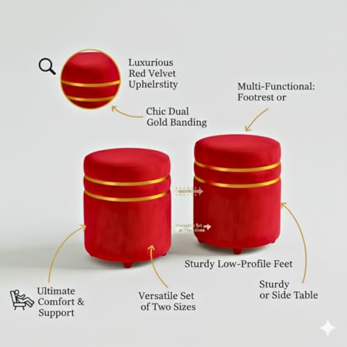 Image of Decorative Ottoman Pouffes for Sitting - Two-Piece Set of Puffy Stools and Footstools - Round Ottoman Stool for Living Room Furniture (RED)