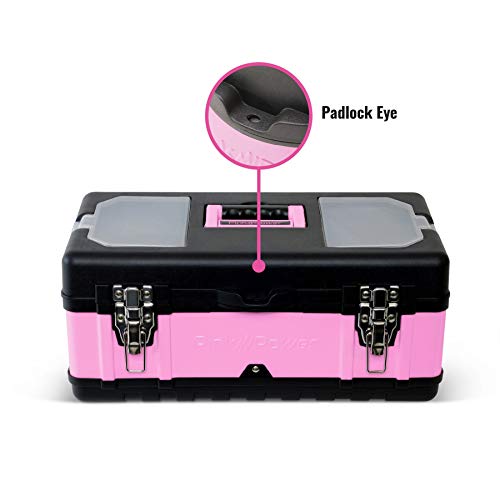 Pink Power Pink Tool Box For Women - 18" Small Metal & Plastic Portable Lightweight Pink Locking Empty Toolbox Tool Chest - Craft & Tool Case Tote Storage Tool Organizer For Ladies Pink Tool Set Kit #TOP3