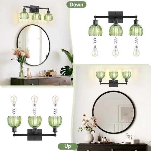 Image of Bathroom Lighting Fixtures Over Mirror,3 Light Vintage Vanity Light,20 in Antique Black Bathroom Sconce with Green Tulip Glass Shade for Bedroom Living Room,Dressing Table,Hallway,E26 Base