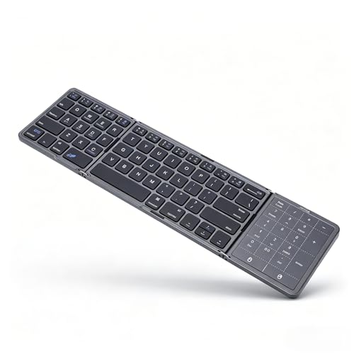 Acogedor �O�܂� Bluetooth �L�[�{�[�h�A�^�b�`�p�b�h�t���T�C�Y�L�[�t���܂肽���ݎ����C�����X�{�[�h�A3 �f�o�C�X�����^�C�v C �[�d���A���b�v�g�b�v�A�^�u���b�g�A�d�b�Ŏg�p�\ (�O���[)