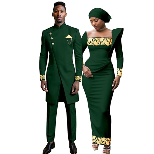 African Clothes for Couple Men`s Embroidery Bussiness Suit and Women`s Maxi Dress Headscarf