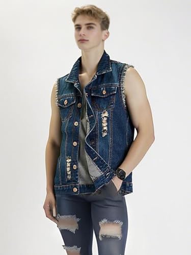 LONGBIDA Men's Denim Vest Casual Slim Fit Sleeveless Jacket Vintage Ripped Summer Jean Vests3