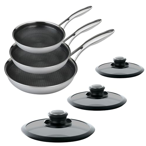Black Cube Hybrid Cookware Set - 6 Piece Stainless Steel Non Stick, Quick Release Fry Pan Set with Lids - 8