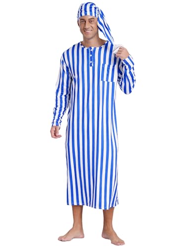 Men's 2Pcs Night Shirts Loose Sleepwear Long Sleeve Striped Nightshirt Nightwear with Hat4