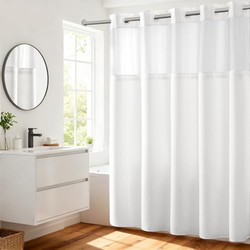 River Dream Heavyweight No Hooks Required Dotted Waffle Weave Shower Curtain with Snap in Liner - 71W x 77H,Hotel Grade,Spa Like Bath Curtain,White by River Dream - Used condition - US$32.29