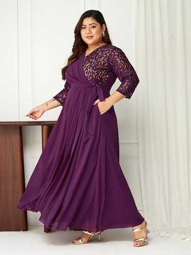 Image of Miss Chase A+ Women's Floral Printed Relaxed Fit V -Neck 3 /4Th Sleeve Georgette Maxi Dress